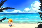  1girl beach bikini blue_bikini bow cloud final_fantasy final_fantasy_xii from_behind hat hat_bow highres ocean penelo sand siotomato sitting solo sun_hat swimsuit 