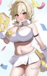  absurdres ahoge blonde_hair blue_archive breasts cleavage confetti cowboy_shot crop_top gloves halterneck highres holding holding_pom_poms kotori_(blue_archive) kotori_(cheer_squad)_(blue_archive) large_breasts looking_at_viewer miniskirt navel open_mouth plump pom_pom_(cheerleading) red_eyes short_twintails skirt smile tutane_1115 twintails white_gloves 
