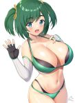  1girl absurdres aqua_eyes bikini black_bikini blush breasts cleavage collarbone commentary_request elbow_gloves fang fingerless_gloves frame_arms_girl gloves green_eyes green_hair highres kotobuki_bukiko large_breasts layered_bikini looking_at_viewer navel open_mouth pinesphere short_hair short_twintails signature simple_background smile solo stomach swimsuit twintails waving white_background 