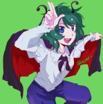  1girl androgynous antennae bangs black_cape blue_eyes blue_shorts bobotatamu buttons cape collared_shirt commentary_request feet_out_of_frame flat_chest frilled_sleeves frills green_background green_hair highres long_sleeves looking_at_viewer open_mouth red_cape shirt short_hair shorts simple_background smile solo touhou twitter_username two-sided_cape two-sided_fabric white_shirt wriggle_nightbug 