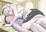  1boy 1girl absurdres azur_lane black_skirt blush breasts classic_(zildjian33) commander_(azur_lane) dress elbow_gloves faceless faceless_male flower frilled_dress frilled_skirt frilled_sleeves frills gloves grey_hair hair_flower hair_flowing_over hair_ornament highres indoors large_breasts long_hair long_sleeves looking_at_another maid maid_headdress on_bed on_person open_mouth pants pantyhose red_eyes scylla_(azur_lane) shirt sideboob skirt white_flower white_gloves white_pants white_pantyhose white_shirt 