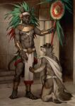  anthro aztec canid canine canis claws clothed clothing detailed_background domestic_dog duo gold_(metal) hairless hairless_dog headdress hi_res honovy kneeling loincloth_only male mammal muscular muscular_male nipples pecs primitive_dog temple xoloitzcuintli 