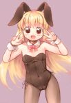  1girl :d animal_ears bangs black_leotard blonde_hair blush bow bowtie breasts brown_pantyhose commentary_request covered_navel cowboy_shot detached_collar double_w emurin fake_animal_ears leotard long_hair looking_at_viewer open_mouth original pantyhose playboy_bunny purple_background red_bow red_bowtie red_eyes simple_background small_breasts smile solo strapless strapless_leotard very_long_hair w wrist_cuffs 