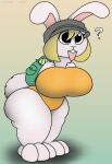  anthro big_breasts big_butt bottomwear breasts butt carrot_(one_piece) clothed clothing female foxball fur hair hat headgear headwear hi_res huge_breasts huge_butt lagomorph leporid mammal one_piece open_mouth rabbit shirt simple_background smile solo standing tan_hair teeth text thick_thighs topwear white_body wide_hips 