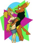  alpha_channel anthro bottomwear canid canine canis chaoshetra clothed clothing coyote cyote duo female fingerless_gloves gloves handwear hi_res jacket_only licking licking_lips liru_(magical_pokaan) magical_pokaan male male/female mammal partially_clothed shorts shorts_down tongue tongue_out wolf 