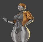  absurd_res atomic_heart big_breasts blonde_hair breasts camel_toe clothed clothing dankwoll faceless featureless_breasts female grey_background grey_body hair hand_behind_back hi_res huge_breasts humanoid machine metallic_body navel open_clothing robot robot_humanoid simple_background solo star_marking the_twins_(atomic_heart) thick_thighs topwear wide_hips yellow_clothing yellow_topwear 