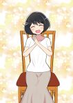  1girl :d ^_^ black_hair blush bob_cut breasts brown_skirt casual chair closed_eyes collarbone commentary facing_viewer girls_und_panzer happy head_tilt long_skirt on_chair open_mouth own_hands_together shirt short_hair short_sleeves sitting skirt small_breasts smile solo swept_bangs tokishiro_(himawarihatake) utsugi_yuuki v-neck w_arms white_background white_shirt yellow_background 