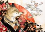  accessory ambiguous_gender anthro asian_clothing blowing_smoke canid canine clothed clothing east_asian_clothing flower flower_in_hair fox hair hair_accessory hi_res japanese_clothing looking_at_viewer mammal neckwear plant shikitori smoking_pipe solo 