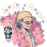  1boy 1girl aged_down apron baby_5 black_eyes black_hair blonde_hair bow chibi coat donquixote_doflamingo earrings feather_coat flower flower_wreath hair_bow holding holding_flower jewelry ketta43702 long_hair looking_over_eyewear one_piece open_clothes pink_coat shirt short_hair simple_background smile sunglasses twitter_username upper_body white_shirt yellow_bow 