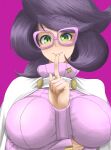  1girl absurdres arm_between_breasts arm_under_breasts bad_id bad_pixiv_id between_breasts big_hair breasts buttons coat glasses green_eyes hiby highres large_breasts long_sleeves mature_female pink-framed_eyewear pink_sweater pokemon pokemon_(game) pokemon_sm purple_hair ribbed_sweater short_hair solo sweater turtleneck turtleneck_sweater white_coat wicke_(pokemon) 