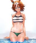  1girl absurdres alternate_costume animal_ears bamboo_memory_(umamusume) bikini blue_eyes breasts brown_hair commentary_request cowboy_shot ear_ornament hair_between_eyes headband highres horse_ears horse_girl medium_breasts multicolored_hair navel oryou_gunsou partially_submerged pool short_hair signature simple_background solo strap_slip streaked_hair striped striped_bikini swimsuit tan tanlines umamusume white_background white_hair white_headband 