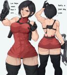  1girl ada_wong alternate_muscle_size back black_hair crossbow dress english_text gloves gun handgun highres looking_at_viewer muscular muscular_female red_dress resident_evil resident_evil_4 short_hair solo thick_thighs thighhighs thighs torn_clothes torn_dress weapon white_background yoracrab 
