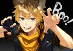  1boy bandana black_gloves blue_eyes brown_hair claw_pose fangs fingerless_gloves fingernails gloves grey_background hair_between_eyes highres hyena_boy hyena_ears male_focus mirin_(coene65) ruggie_bucchi short_hair short_sleeves single_fingerless_glove solo teeth tongue tongue_out twisted_wonderland yellow_bandana 