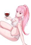  1girl absurdres alcohol azurecruiser bare_legs bikini blunt_bangs breasts cleavage cup drink drinking_glass glass highres holding hololive hololive_english large_breasts long_hair looking_at_viewer mori_calliope outstretched_arm pink_hair ponytail red_eyes sidelocks simple_background sitting smile sweat swimsuit turning_head virtual_youtuber wet white_background white_bikini wine wine_glass 