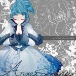  1girl ange_serena bead_necklace beads blue_hair closed_eyes curly_hair dress drill_hair floral_background flower high_ponytail jewelry monicanc necklace own_hands_together ponytail praying sign solo tales_of_(series) tales_of_innocence twitter_username 