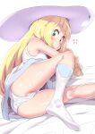  1girl blonde_hair blush braid commentary_request dress feet green_eyes hat highres lillie_(pokemon) long_hair looking_at_viewer panties pokemon pokemon_(game) pokemon_sm simple_background socks solo sweat thighs tottotonero twin_braids underwear white_background white_dress white_headwear white_panties white_socks 