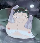  2023 anthro bathing belly big_belly canid canine canis cute_fangs domestic_dog dontnoyouhowto green_body hi_res kemono male mammal moobs moon night nipples outside overweight overweight_male shinosuke solo tamacolle water 