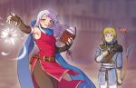  1boy 1girl absurdres armpits arrow_(projectile) bare_shoulders belt black_gloves black_leggings blonde_hair blue_eyes blue_scarf blurry blurry_background blush book bow_(weapon) bracelet commission dress elbow_gloves estherart0 fingerless_gloves fire_emblem fire_emblem:_radiant_dawn gloves grey_hair hair_ribbon half_updo heart highres holding holding_book holding_bow_(weapon) holding_weapon jewelry leggings leonardo_(fire_emblem) long_hair long_sleeves micaiah_(fire_emblem) open_mouth outstretched_arm ribbon scarf side_slit sleeveless sleeveless_dress smile weapon yellow_eyes 