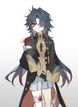  1boy absurdres aged_down bandaged_leg bandages black_hair black_jacket blade_(honkai:_star_rail) blood chinese_clothes closed_mouth earrings flower grey_background grey_shorts hair_over_one_eye highres honkai:_star_rail honkai_(series) jacket jewelry long_hair male_child male_focus multicolored_hair one_eye_covered red_eyes red_flower red_hair shiki_fanart shirt shorts solo spider_lily tassel tassel_earrings twitter_username yellow_shirt 