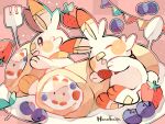  animal_focus artist_name blueberry bread closed_eyes commentary_request food fork fruit hanabusaoekaki highres no_humans open_mouth plate pokemon pokemon_(creature) rabbit red_background scorbunny sleeping solid_oval_eyes sparkling_eyes spoon strawberry 