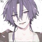  1boy black_coat blush coat falling_petals grey_background kui_game looking_at_viewer male_focus olympia_soiree open_mouth petals purple_eyes purple_hair shirt short_hair_with_long_locks sketch smile solo teeth white_shirt yosuga_(olympia_soiree) 