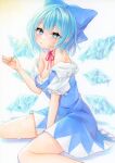  1girl bare_legs bare_shoulders between_legs blue_bow blue_dress blue_eyes blue_hair blush bow breasts choker cirno commentary_request dress eyebrows_hidden_by_hair eyes_visible_through_hair food foot_out_of_frame hair_between_eyes hair_bow hand_between_legs highres holding ice ice_wings looking_at_viewer medium_breasts natsume_nadeshiko neck_ribbon off_shoulder parted_lips popsicle ribbon ribbon_choker short_hair simple_background sitting solo touhou wariza white_background wings 