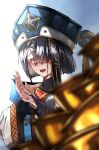  1girl black_hair chinese_clothes fate/grand_order fate_(series) gloves gradient_background hair_over_one_eye hat large_hat long_sleeves looking_at_viewer mole mole_under_eye motivation_(user_kace3282) open_mouth orange_eyes own_hands_together robe short_hair solo straight_hair tears upper_body white_robe wide_sleeves xu_fu_(fate) 