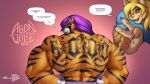  absurd_res agonwolfe anthro big_muscles dialogue duo felid female flexing gesture glance green_eyes hair hi_res huge_muscles humanoid hyper hyper_muscles looking_over_shoulders mammal muscular pantherine purple_hair rear_view stripes tattoo tiger v_sign 