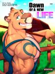  2023 absurd_res anthro austin_(zourik) barn biceps big_muscles big_pecs building claws clothed clothing cloud comic cougar cover cover_art cover_page day deltoids english_text eyebrows felid feline fence fur grass hi_res holding_object house huge_muscles looking_at_viewer male mammal muscular muscular_anthro muscular_male nipple_piercing nipple_ring nipples outside overalls overalls_only pecs piercing plant ring_piercing sky smile solo standing tattoo teeth text triceps tuft vein zourik 