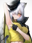  1girl absurdres animal_ear_fluff animal_ears arknights armpits black_gloves black_headwear blush breasts cat cat_tail delphine_(arknights) fingerless_gloves gloves grey_hair hair_over_one_eye hat highres looking_at_viewer presenting_armpit shirt short_hair simple_background solo spread_armpit tab_head tail upper_body white_background yellow_eyes yellow_shirt 