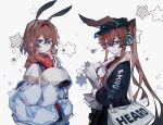  2girls amiya_(arknights) amiya_(fresh_fastener)_(arknights) amiya_(newsgirl)_(arknights) arknights ascot bag blue_ascot blue_eyes blue_headwear blue_jacket clothes_writing cowboy_shot dual_persona extra_ears hair_between_eyes hat headphones headwear_removed helmet helmet_removed highres holding holding_helmet jacket jewelry long_hair looking_at_viewer multiple_girls multiple_rings off_shoulder official_alternate_costume open_clothes open_jacket ponytail red_scarf ring scarf shirt short_hair shoulder_bag simple_background smile star_(symbol) t-shirt vcet very_long_hair white_background white_bag white_shirt 