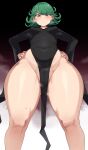  1girl black_dress blush breasts cameltoe chamchami covered_navel curly_hair dress from_below green_eyes grey_hair groin hands_on_own_hips highres looking_at_viewer no_panties one-punch_man paid_reward_available short_hair solo sweat tatsumaki 