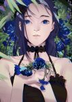  1girl absurdres bare_shoulders black_choker black_dress blue_eyes blue_flower blue_hair choker chromatic_aberration collarbone commentary dress flower frilled_dress frills hair_flower hair_ornament highres holding holding_flower igawa_hikaru lace-trimmed_choker lace_trim lips long_hair looking_at_viewer lying on_back original parted_lips rose shadow sidelocks solo spaghetti_strap upper_body 