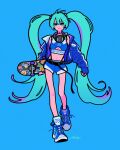  1girl 39 aqua_eyes aqua_hair bangs belt black_belt blue_jacket blue_shorts breasts expressionless full_body hatsune_miku highres holding holding_skateboard jacket long_hair long_sleeves looking_at_viewer medium_breasts shoes shorts sidelocks signature skateboard solo standing twintails very_long_hair vocaloid walking yoshi_mi_yoshi 