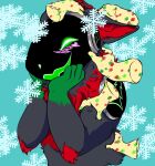  anthro black_body black_fur blush christmas christmas_tree demarilee_(artist) disembodied_hand fur ghost_hands hi_res holidays machine male petting plant protogen smile solo tree 
