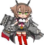  1girl anchor black_skirt breasts brown_hair chain chibi full_body gloves green_eyes hair_between_eyes headgear kantai_collection looking_at_viewer machi_(ritovoyage) miniskirt mutsu_(kancolle) mutsu_kai_ni_(kancolle) open_mouth pleated_skirt rigging rudder_footwear short_hair simple_background skirt solo standing tassel turret white_background white_gloves 