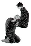  2boys closed_mouth comforting fushiguro_megumi fushirun_rung gojou_satoru hand_on_another&#039;s_head high_collar highres jacket jujutsu_kaisen korean_commentary long_sleeves male_focus monochrome multiple_boys pants sad school_uniform short_hair sitting spiked_hair yaoi 