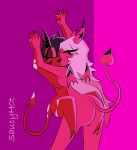  big_breasts big_butt black_hair breasts butt demon demon_humanoid duo eyes_closed female female/female hair helluva_boss hi_res horn horned_humanoid humanoid imp kissing millie_(helluva_boss) nude pink_body pink_eyes pink_hair red_body red_skin saucyh0t simple_background smile succubus tail text thick_thighs verosika_mayday_(helluva_boss) 