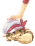  1girl brown_fur fluffy furret headpat lyra_(pokemon) pokemon pokemon_(creature) pokemon_(game) pokemon_hgss red_ribbon red_shirt ribbon sgn shirt sitting striped_fur white_headwear 