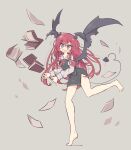  1girl :o @_@ absurdres ahoge barefoot bat_wings black_skirt black_vest black_wings blush_stickers book collared_shirt demon_tail dress_shirt dropping flying_sweatdrops full_body grey_background hair_between_eyes head_wings highres koakuma messy_hair necktie open_book open_mouth paper primsla red_eyes red_hair red_necktie shirt side_slit sidelocks simple_background skirt skirt_set solo standing standing_on_one_leg tail tears tiptoes touhou vest wavy_mouth white_shirt wing_collar wings 