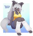  &lt;3 abstract_background anthro big_breasts blep border bottomwear breasts brown_eyes canid canine canis cleavage clothed clothing commissioner_name domestic_dog female fluffy fluffy_chest fluffy_tail fur grey_body grey_fur hair hands_behind_back hi_res kemono knock-kneed leg_warmers legwear long_hair mammal paws ponytail shirt signature sitting skirt skye_diver smile solo spommmm tail tank_top tongue tongue_out topwear white_border white_hair 