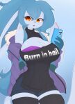  2023 amber_eyes anthro awintermoose big_breasts blue_body blue_hair bottomwear breasts cleavage_cutout clothed clothing digital_media_(artwork) eeveelution female generation_4_pokemon glaceon hair hi_res holding_object jacket keyhole_clothing keyhole_turtleneck legwear long_ears long_tail looking_at_viewer nintendo open_mouth phone pokemon pokemon_(species) pokemorph ponytail shorts simple_background snowcone_(awintermoose) solo sweater tail thigh_highs topwear volumptuous 