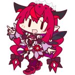  1girl :d brooch chibi crystal_wings demon_horns detached_sleeves dress frilled_dress frills full_body halo hand_up hololive horns irys_(2nd_costume)_(hololive) irys_(hololive) jewelry long_hair multicolored_hair official_art pointing pointing_to_the_side pointy_ears purple_hair purple_thighhighs red_footwear red_hair smile solo thighhighs transparent_background two-tone_hair virtual_youtuber wide_sleeves |_| 