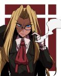  1girl ascot bags_under_eyes black_coat blonde_hair blue_eyes cigar closed_mouth coat collared_shirt flat_chest frown glasses gloves grey-framed_eyewear hellsing highres holding holding_cigar integra_hellsing kuri_dora long_hair long_sleeves looking_at_viewer parted_bangs red_ascot red_background reverse_trap shirt smoke smoking solo two-tone_background upper_body white_gloves white_shirt 