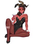  1girl among_us animal_ears asymmetrical_hair baldur&#039;s_gate baldur&#039;s_gate_3 black_hair black_leotard blushyspicy breasts broken_horn colored_skin demon_girl demon_horns demon_tail dungeons_and_dragons fake_animal_ears highres holding horns karlach_(baldur&#039;s_gate) leotard looking_at_viewer pantyhose playboy_bunny pointy_ears red_hair red_skin sidecut smile solo strapless strapless_leotard tail tiefling undercut wrist_cuffs 