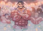  4boys abs bara beard black_hair character_request closed_eyes crossed_arms daikoku_(housamo) facial_hair furry furry_male furry_with_non-furry highres horns interspecies large_pectorals male_focus multicolored_hair multiple_boys muscular muscular_male navel nipples pectorals rybiok short_hair single_horn smile teeth tokyo_afterschool_summoners towel towel_around_waist two-tone_hair water white_hair 