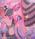  1boy 1girl baseball_cap black_skirt blunt_bangs closed_eyes clownfish drooling gradient_hair green_eyes halftone_texture harmony&#039;s_clownfish_(splatoon) harmony_(splatoon) hat heart highres iguana152588 kiss long_hair looking_at_viewer looking_up mouth_drool multicolored_hair multiple_bracelets pink_hair print_shirt purple_eyes purple_pupils saliva sea_anemone shirt skirt sparkle splatoon_(series) splatoon_3 sticker striped striped_headwear tentacle_hair twitter_username two-tone_eyes x_x yellow_skirt 