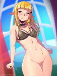  2023 5_fingers blonde_hair blush bodily_fluids bottomless clothed clothing day female fingers genital_fluids genitals hair hi_res humanoid humanoid_pointy_ears hylian kagato007 light_body light_skin long_hair navel nintendo not_furry princess_zelda pussy pussy_juice solo text the_legend_of_zelda triforce url window 