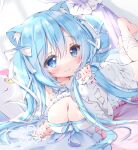  animal_ears bed bed_sheet blue_eyes blue_hair blush breasts cat_ears cleavage hair_ribbon indie_virtual_youtuber lying moco_ofuton pillow ribbon smile soraneko_kurumi twintails uwu virtual_youtuber white_ribbon 