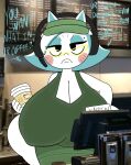  angry anthro beverage big_breasts breasts clothed clothing coffee domestic_cat english_text eyewear felid feline felis female glasses hair hat headgear headphones headwear hi_res huge_breasts karen_(smg4) mammal photo_background photography_(artwork) smg1 solo teeth text theslashfive white_hair 